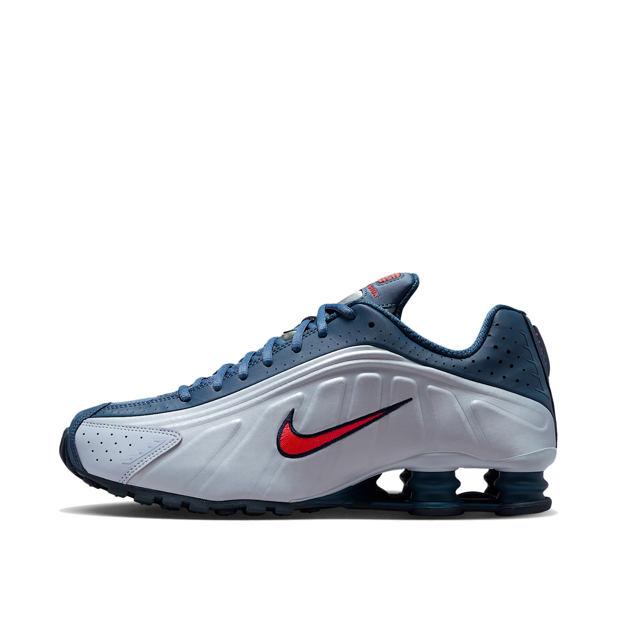 Nike Shox R4 Men Football Grey Blue Eclipse Bright Crimson — Nike A left lateral