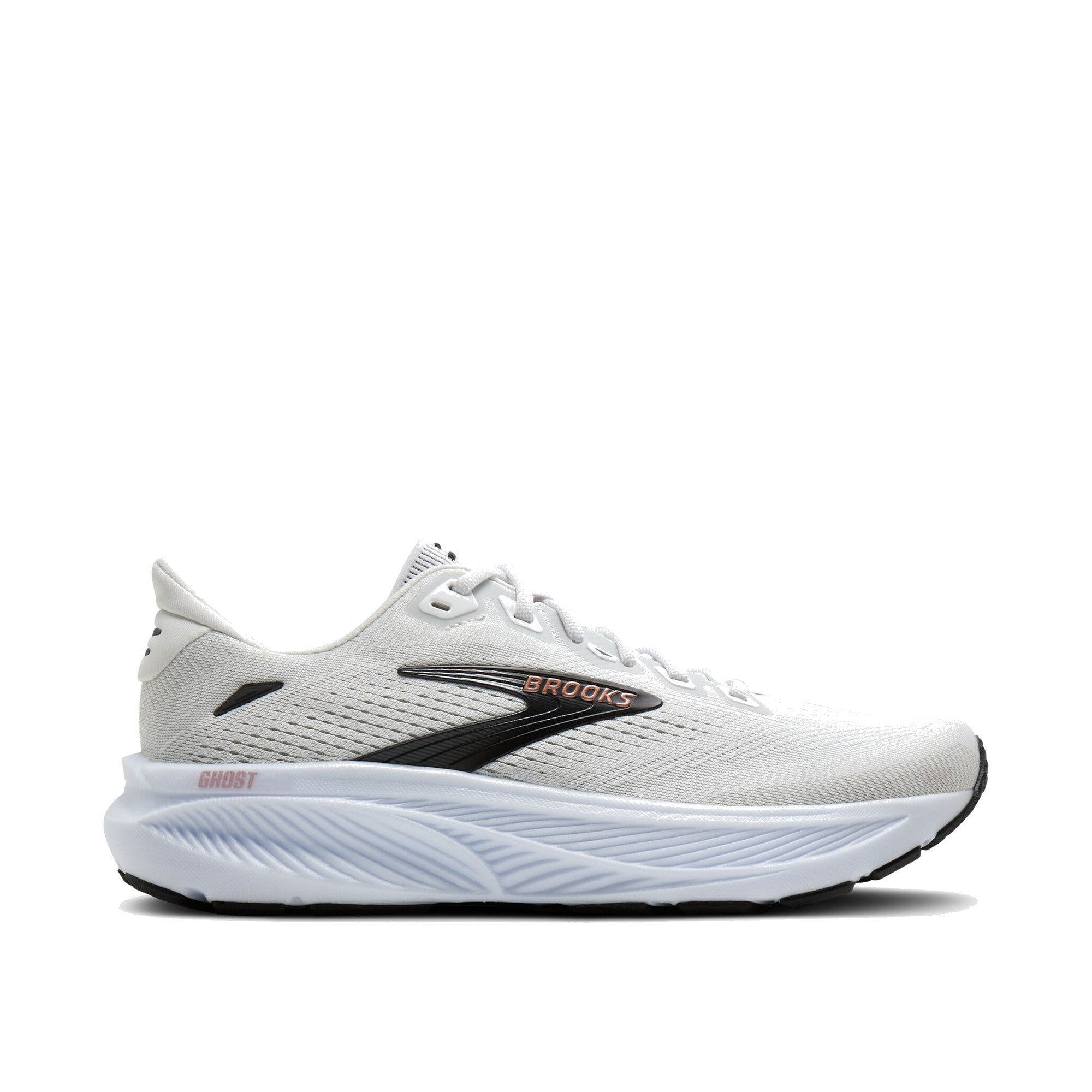 Brooks Ghost 18 Women White Black Rose Gold WIDE — Brooks official lateral (l toe-right)